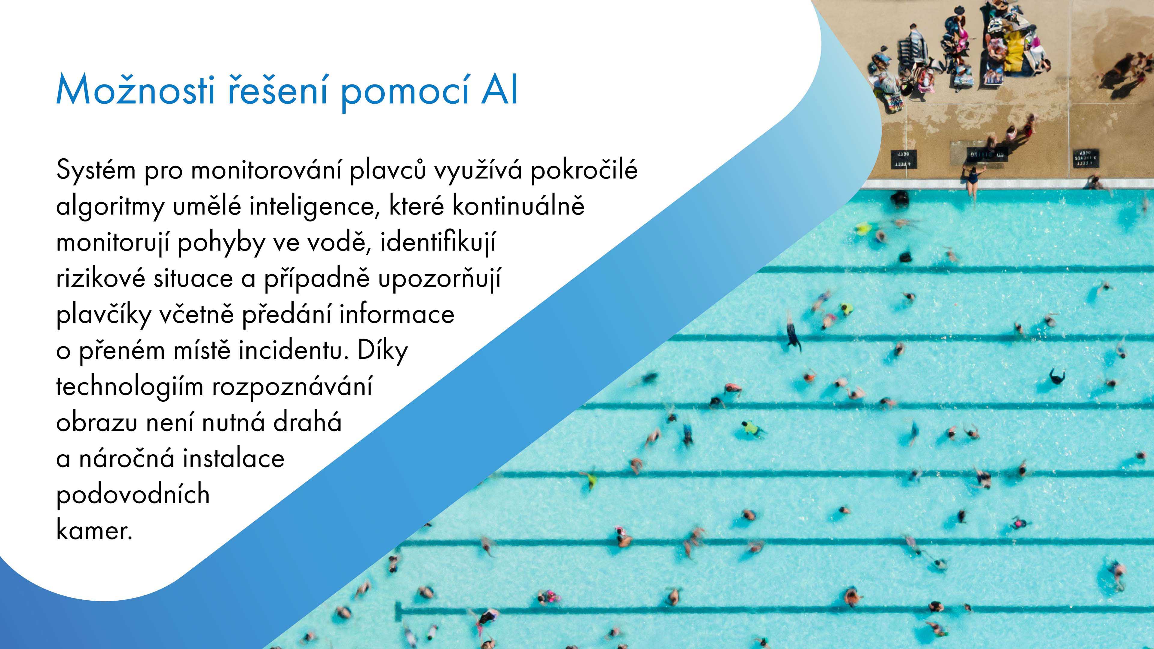 Systém pro monitorování plavců využívá pokročilé algoritmy umělé inteligence k neustálému sledování pohybů ve vodě, identifikaci rizikových situací a upozorňování plavčíků s informací o přesném místě incidentu. Technologie rozpoznávání obrazu eliminuje potřebu drahé a náročné instalace podvodních kamer.